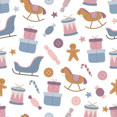 Cute Christmas pattern with children's toys. Drum, gift boxes, sled, candy, buttons, gingerbread man, horse. Vector illustration.