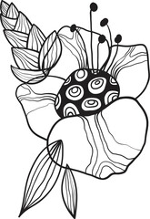 Black line floral arrangement, fancy outline flowers with leaves on white background, hand drawn botanical illustration