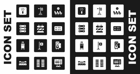 Set Waiting room, End of railway tracks, Railway, railroad, Repair, Road traffic signpost, Train light, Toilet the train car and Suitcase icon. Vector