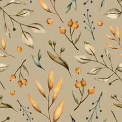 Watercolor seamless autumn pattern with twigs and berries of sea buckthorn on an orange background