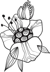 Black line floral arrangement, fancy outline flowers with leaves on white background, hand drawn botanical illustration