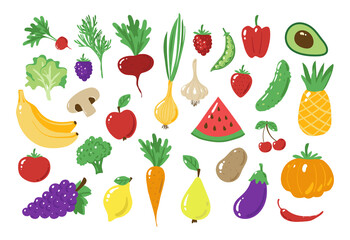 Vegetables, fruits, herbs and roots icons set. Vegetarian food, farm harvest. Flat Cartoon Vector Isolated On White Background.