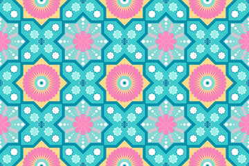 cute pastel blue pink yellow floral ethnic geometric seamless traditional oriental pattern. design for background, carpet, wallpaper backdrop, clothing, wrapping, batik, fabric. vector.