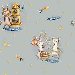 Watercolor seamless pattern with mice and bunnies playing astronauts with a rocket, planets on a gray-blue background
