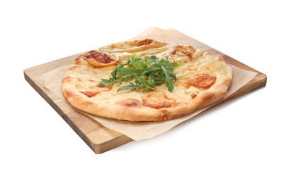 Delicious khachapuri with cheese on white background