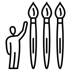 An artist and three brushes for drawing. A painter and paint brushes. A tool for creativity and repair. Icon, vector, outline, isolated.