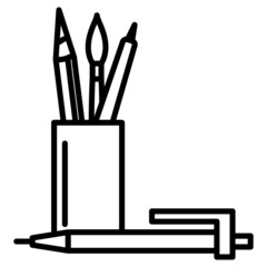 Office supplies, a pencil case with pencils and pens for writing and drawing, learning. Icon, vector, outline, isolated.