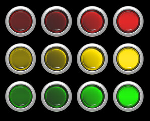 Illuminated buttons in the color of the traffic light of various degrees of activity.  3d render