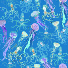 Fototapeta na wymiar Jellyfish seamless vector pattern.