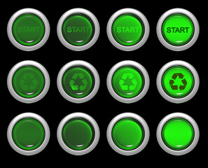 Green buttons of different activation activity with a recycling icon and the word "Start".   3d render