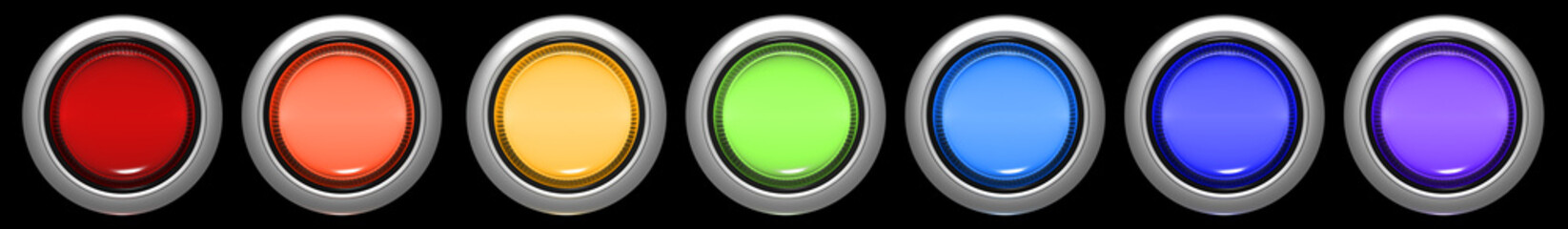  Glowing buttons with rainbow colors on an isolated background. 3d render