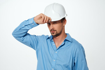 Male builder white helmet work professional industry