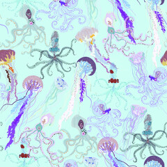 Jellyfish seamless vector pattern.