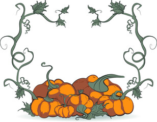 Autumn card, orange pumpkins, October harvest, vector background. Vector illustration