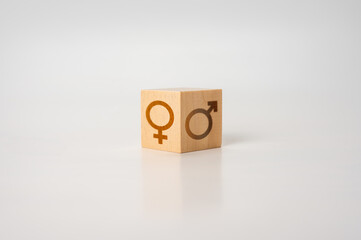 gender equality and difference. conceptual image, a wooden cube of the mtr is a sign of the male...