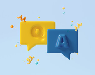 Minimal background for online education concept. Questions and answers icon on blue background. 3d rendering illustration. Clipping path of each element included.