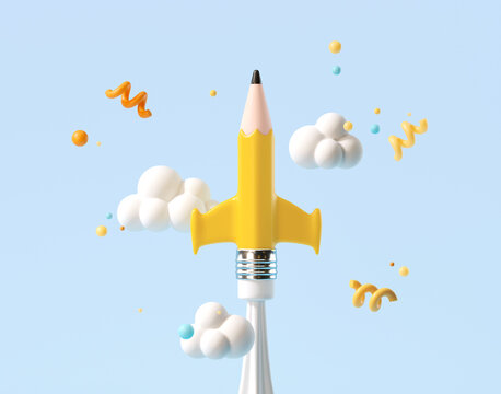 Minimal background for online education concept. Launching pencil rocket on blue background. 3d rendering illustration. Clipping path of each element included.
