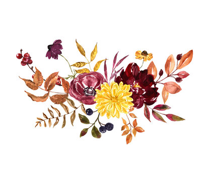 Beautiful Botanical Arrangement With Fall Flowers And Leaves, Isolated On White Background. Watercolor Autumn Illustration. Great For Invitations, Cards Design.