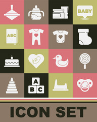 Set Baby dummy pacifier, Lollipop, socks clothes, food, ABC book, Whirligig toy and icon. Vector