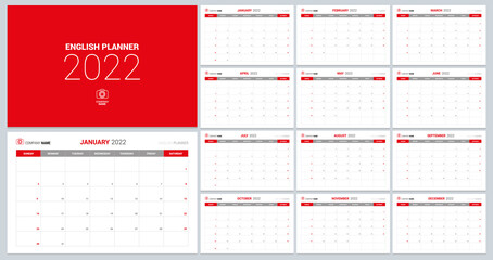 Monthly calendar for 2022 year. Week Starts on Sunday - obrazy, fototapety, plakaty
