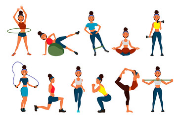 Workout girl set. Fitness at home. African-American woman trains and takes care of her health, do yoga, do sports exercises at home. Healthy lifestyle. Set of vector illustrations. 