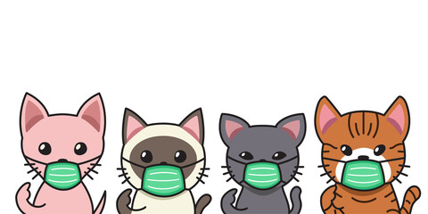 Set of cartoon cats wearing protective face masks for design.