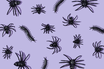 Creative pattern with spiders and centipedes on pastel purple background. Aesthetic Halloween concept. Minimal flat lay. Halloween holiday season idea.