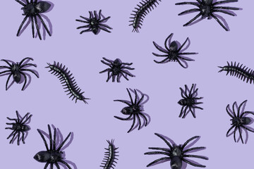 Creative pattern with spiders and centipedes on pastel purple background. Aesthetic Halloween...