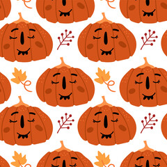 Illustration of seamless pattern with pumpkins. Festive pumpkins with funny faces on a white background. Leaves and decor elements.
