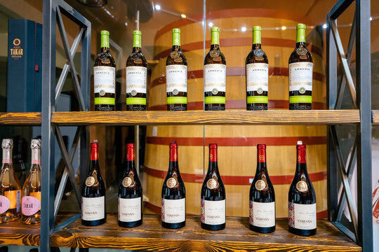 18 May 2021, Armenia Wine factory, Armenia: A collection of brand wines from the traditional Areni grape variety in a shop