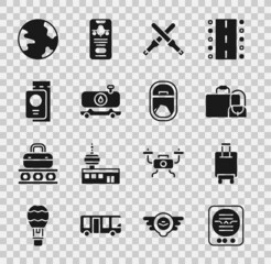 Set Attitude indicator, Suitcase, Marshalling wands, Fuel tanker truck, Passport with ticket, Worldwide and Airplane window icon. Vector