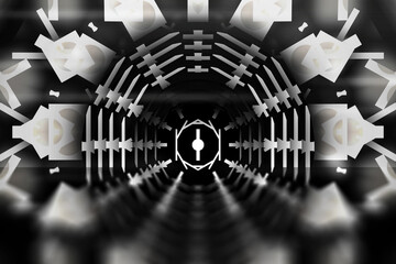 Obraz premium Black and white future technology vision design innovation concept. Science fiction futuristic 3D illustration. Sci fi technology pattern big hall room with lights and circle shaped. Dark background