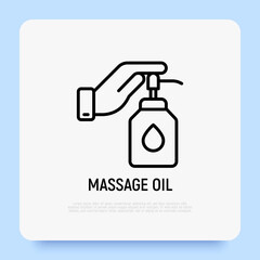 Obraz premium Hand pushing on the bottle with pump. Massage oil thin line icon. Modern vector illustration.