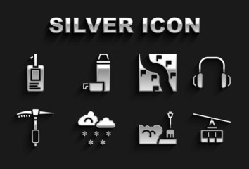 Set Cloud with snow, Winter headphones, Cable car, Shovel snowdrift, Ice axe, Route location, Identification badge and Thermos container icon. Vector