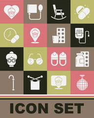 Set Disco ball, Pills in blister pack, IV bag, Rocking chair, Nursing home, Medicine pill or tablet, Grandmother and icon. Vector