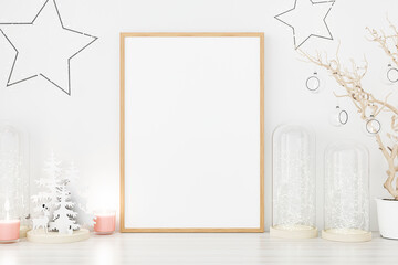 Mockup poster photo frame with christmas decoration