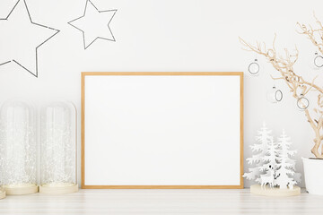 Mockup poster photo frame with christmas decoration