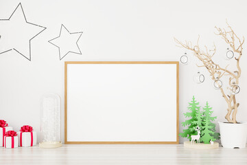 Mockup poster photo frame with christmas decoration