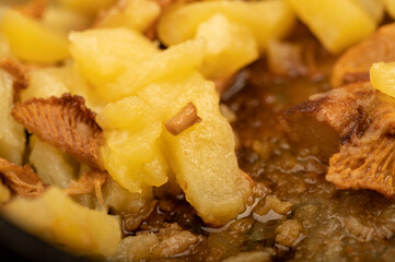 Pan-fried potatoes with mushrooms, close-up, selective focus. A traditional village dish.
