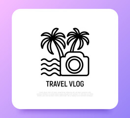 Travel blog thin line icon: camera, sea, palm trees. Modern vector illustration of filming vacations.