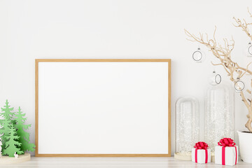Mockup poster photo frame with christmas decoration