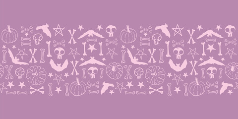 Vector pink skulls bones pumpkins seamless pattern