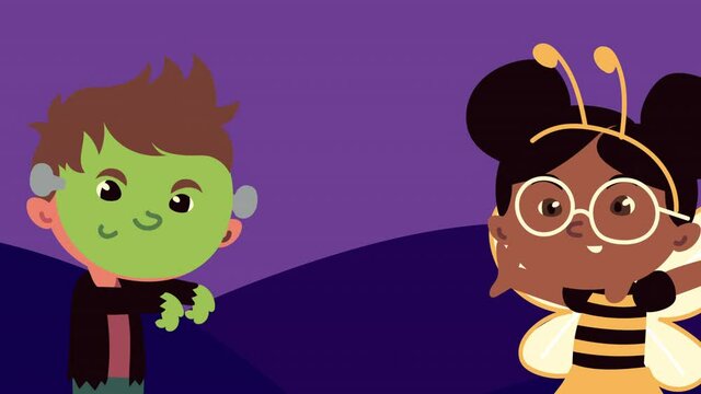happy halloween animation with little frankenstein and bee
