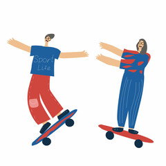 Young man and woman skateboarding and performing tricks. Flat cartoon vector illustration.	