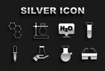 Set Test tube and flask, Safety goggle glasses, Pipette, Chemical formula for H2O, and on stand icon. Vector