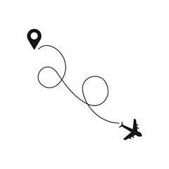 Airplane line path icon of air plane flight route with start point and dash line trace