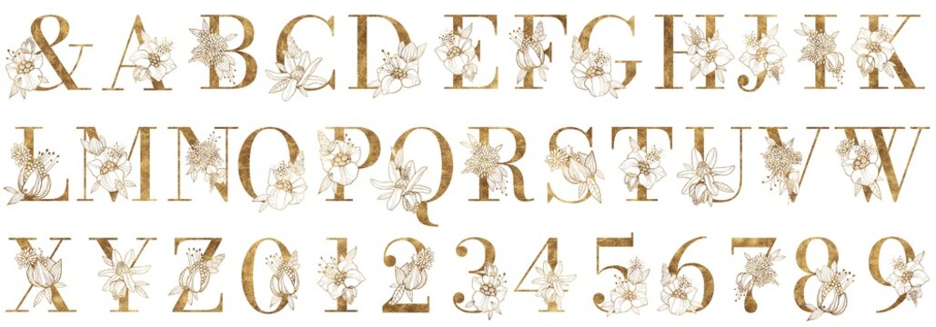 Gold floral alphabet, golden foil monogram letters with flowers, leaves and pollen, isolated on white background