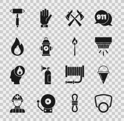 Obraz premium Set Gas mask, Fire cone bucket, Smoke alarm system, Firefighter axe, hydrant, flame, and Burning match with fire icon. Vector