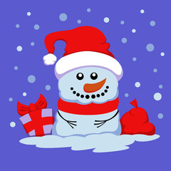 a snowman in a Santa hat. a bag of Christmas gifts. snowfall. a Christmas card. vector illustration.
