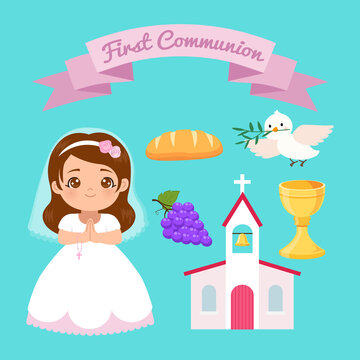 Cute girl in white dress and first communion clip art. Flat vector cartoon design